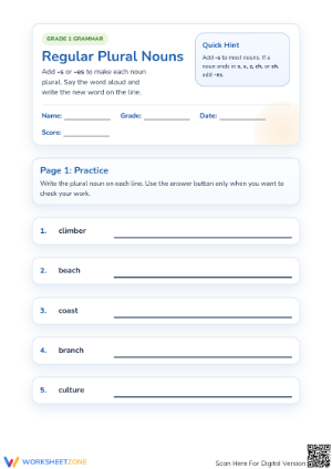 Regular Plural Nouns Worksheet | Grade 1 Essential