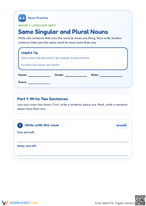 Grade 1 Same Singular and Plural Nouns | Essential Worksheet