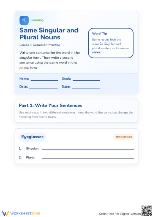 Irregular Plural Nouns Printable Worksheet | Grade 1 ELA