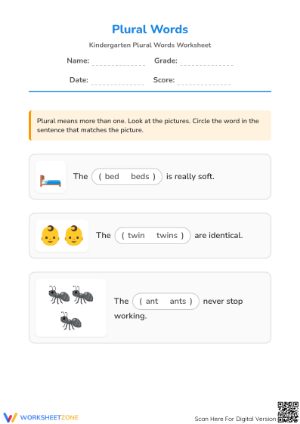 Kindergarten Plural Words Worksheet | Essential Practice