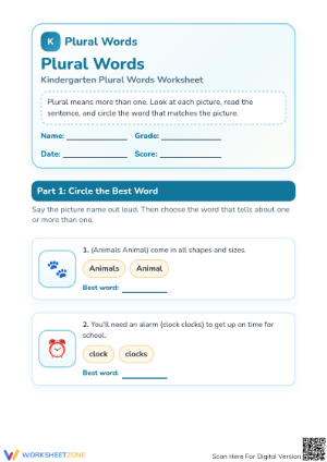 Kindergarten Plural Words Worksheet | Essential Practice