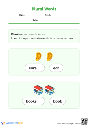 Kindergarten Plural Words — Printable No-Prep Worksheet