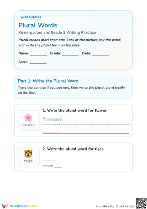 Essential Plural Words Worksheet | Grade 1 ELA