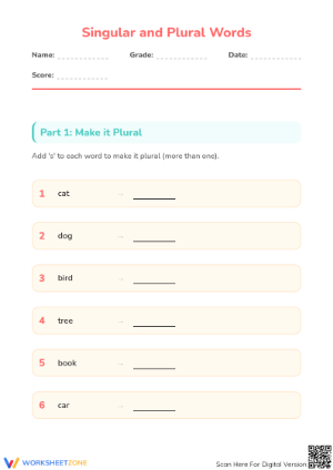 Singular and Plural Words Printable | Grade 1 ELA