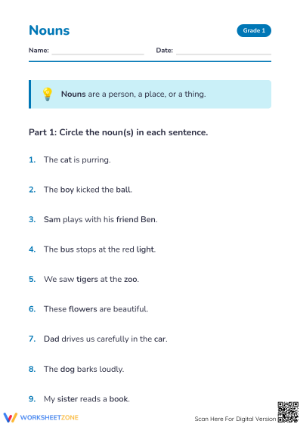 Grade 1 Nouns Worksheet — Printable No-Prep Practice
