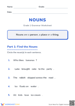 Printable Nouns Worksheet | Grade 1 ELA Practice