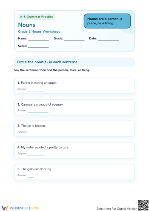 Essential Grade 1 Nouns — Printable No-Prep Worksheet