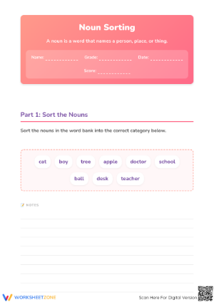 Grade 1-3 Noun Sorting — Printable No-Prep Worksheet
