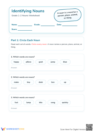 Noun Identification Worksheet | Grade 1 Essential