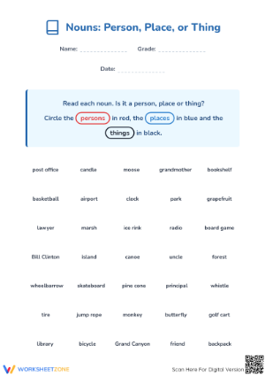 Printable Person Place or Thing Worksheet | Grade 1