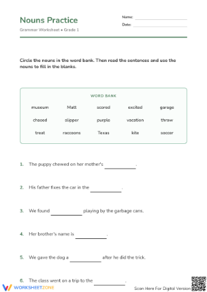 Grade 1 Nouns Practice — Printable No-Prep Worksheet