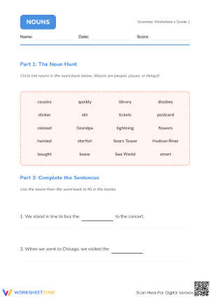 Identifying Nouns Worksheet | Grade 1 ELA Printable