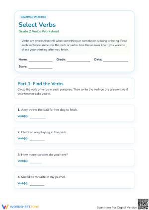Grade 2 Verb Identification — Printable No-Prep Worksheet
