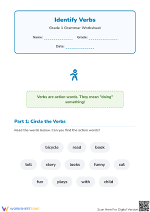Identify Verbs Worksheet | Grade 1 Essential ELA