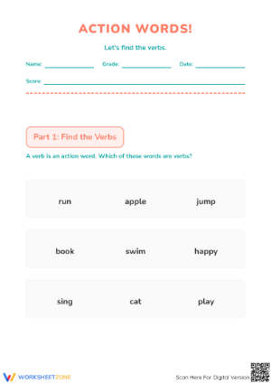 Action Verbs Printable Worksheet | Grade 1 ELA