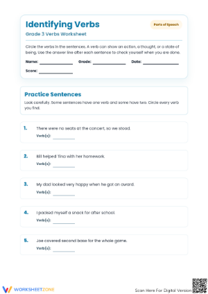 Identifying Verbs Worksheet | Grade 3 Essential Practice
