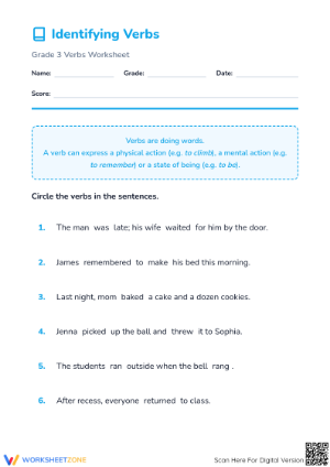 Identifying Verbs Worksheet | Grade 3 Essential