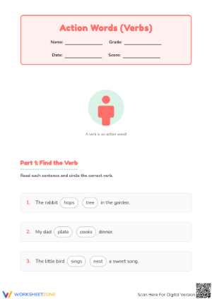 Grade 1 Action Verbs — Printable No-Prep Worksheet