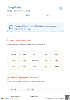 Identifying Verbs Worksheet | Grade 1 ELA Printable