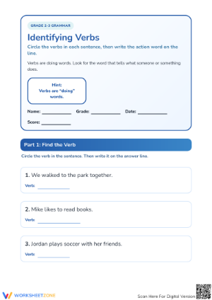 Identifying Action Verbs Worksheet | Grade 2-3 Essential