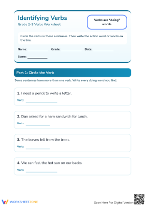 Grade 2 Identifying Verbs — Printable No-Prep Worksheet