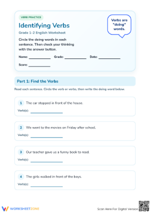 Identifying Verbs Printable Worksheet | Grade 1-2 ELA