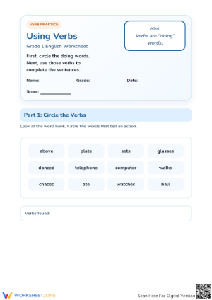 Grade 1 Action Verbs — Printable No-Prep Worksheet