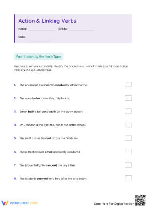 Grade 3 Action and Linking Verbs — Printable Worksheet