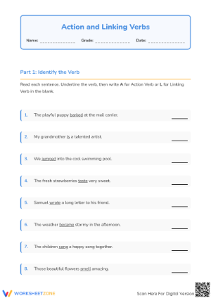 Action and Linking Verbs Worksheet | Grade 3 Essential