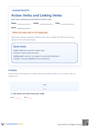 Action and Linking Verbs Worksheet | Essential Grade 3