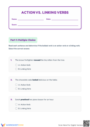 Action vs. Linking Verbs Worksheet | Grade 3 Essential