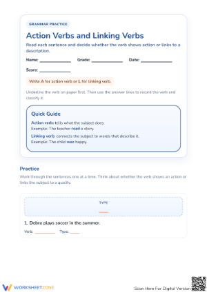 Action and Linking Verbs Worksheet | Grade 3 Printable