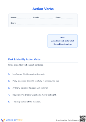 Action Verbs Worksheet | Grade 3 Printable ELA