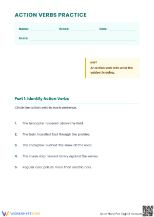 Action Verbs Practice Worksheet | Grade 4-5 Printable