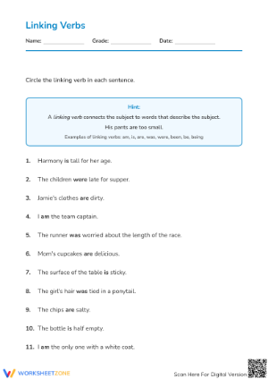 Linking Verbs Practice Worksheet | Grade 3 Essential