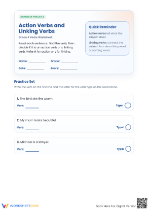 Action and Linking Verbs Worksheet | Grade 4 Essential