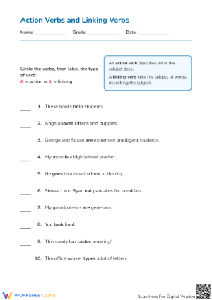 Action and Linking Verbs Worksheet | Grade 3 Essential