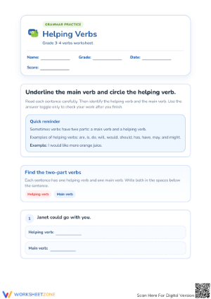 Helping Verbs Practice | Essential Grade 3-4 Worksheet