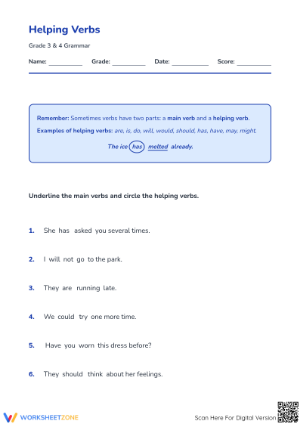 Helping Verbs Worksheet | Grade 3-4 Essential Practice