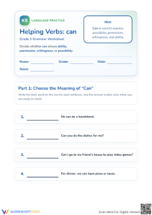 Helping Verbs: Can Worksheet | Grade 3 Essential