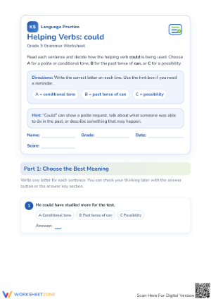 Helping Verbs: Could Worksheet | Grade 3 Essential