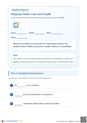 Helping Verbs Can and Could Worksheet | Grade 3 Printable
