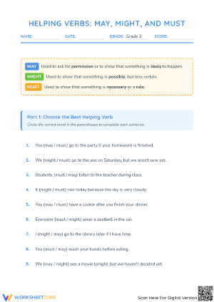 Helping Verbs Worksheet: May, Might, Must | Essential