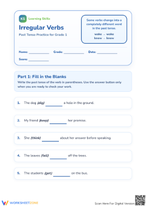 Essential Irregular Verbs Worksheet | Grade 1 ELA