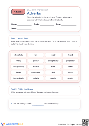 Essential Adverbs Practice Worksheet | Grade 1 ELA