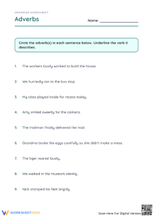 Identifying Adverbs Worksheet | Grade 1 ELA Printable