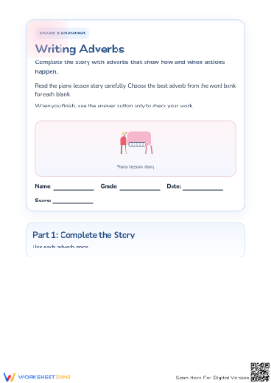 Grade 2 Adverbs Printable Worksheet: Complete the Story