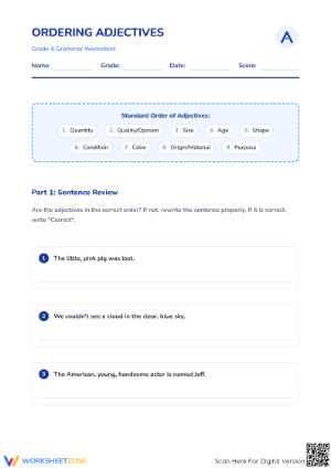 Ordering Adjectives Worksheet | Grade 4 Essential