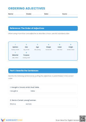 Grade 4 Ordering Adjectives — Printable No-Prep Worksheet