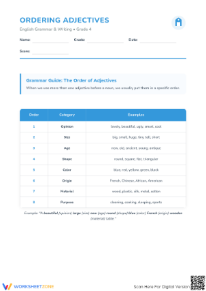 Ordering Adjectives Worksheet | Grade 4 Essential